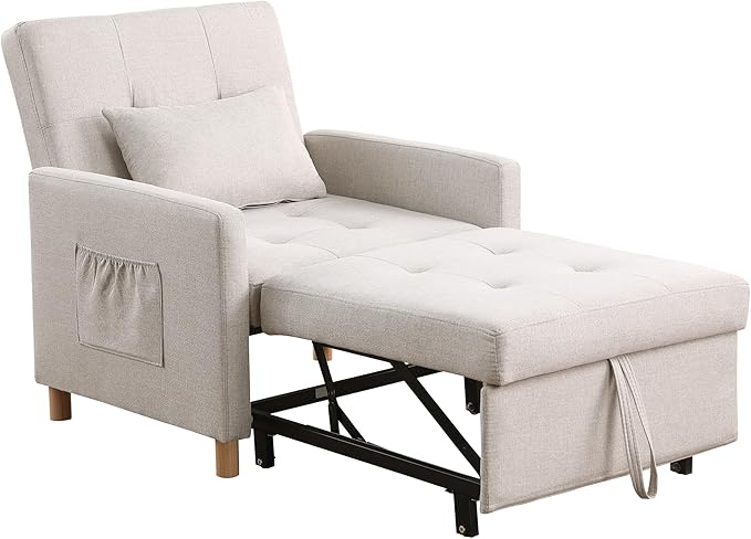 Sleeper Chair Bed Convertible Chair Bed Sleeper Pull Out Sofa Bed with Adjustable Backrest Linen Fabric Convertible Chair to Bed with Side Pocket for Living Room Apartment-Beige
