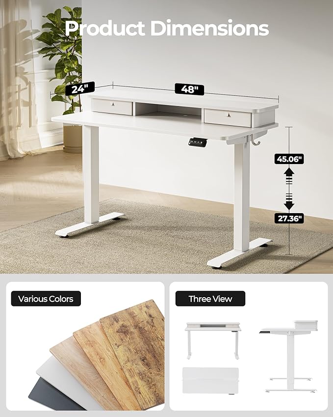 FEZIBO 48 x 24 Inch Height Adjustable Electric Standing Desk with Double Drawer Computer Desk Home Office Stand Up Table with 4 Height-Adjustable Feets &amp 2 Hooks White