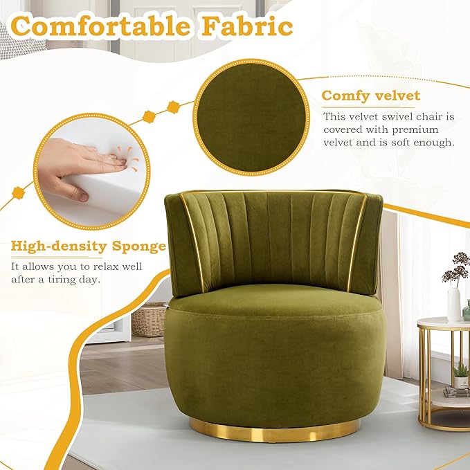 SLEERWAY 360° Swivel Barrel Chair Modern Velvet Round Accent Chair Comfy Upholstered Small Armchair with Gold Metal Base for Living Room Bedroom Nursery Office Sillas para Sala Olive Green