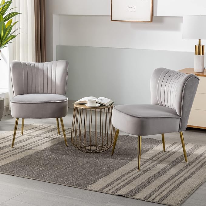 KCC Modern Velvet Upholstered Accent Chair Set of 4Mid Century Living Room Chairs with Golden LegsComfy Armless Chair Wingback Single Sofa Side Chair for BedroomLight Gray