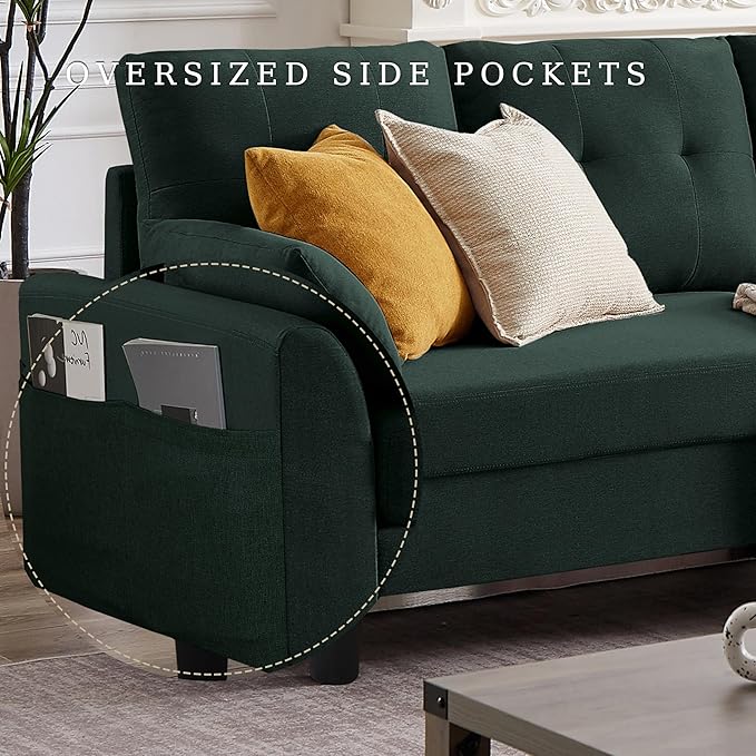 102 Convertible Sectional Sofa Modern L Shaped Couch with Storage Ottoman and Side Pockets 4 Seater Sofa for Living Room Apartment Green