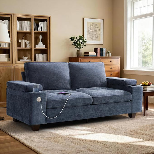 84 Loveseat Sofa for Living Room with USB &amp Type-C Ports Modern Chenille Love Seat Couch Adjustable Storage Armrest Cup Holders Solid Wood Frame Deep Seat for Small Spaces (Blue 84in)