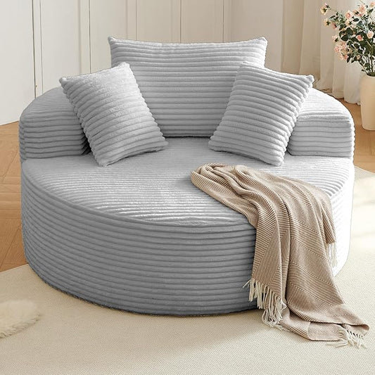 Oversized Round Chair Lounge Chaise Indoor Upholstered Corduroy Deep Seat Cloud Large Circle Sofa Chair No Assembly Required Fluffy Modern Sleeper Sofa Bed for Reading Living Room Light gray