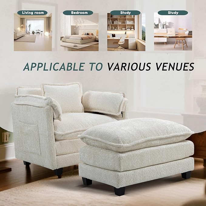 Accent Chair Comfy Oversized Sofa Sleeper Chair with Ottoman Modern Deep Seat Single Sofa Couch for Living Room Bedroom Study Balcony (Chenille Beige)