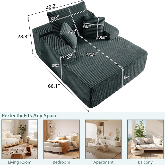 50Oversized Chaise Lounge Chair IndoorCorduroy Boneless Reading Chair with 3 PillowsDeep Seat Cloud Sofa BedComfy Modern Sleeper Chairs in Box for Living Room BedroomNo Assembly(Dark Grey)