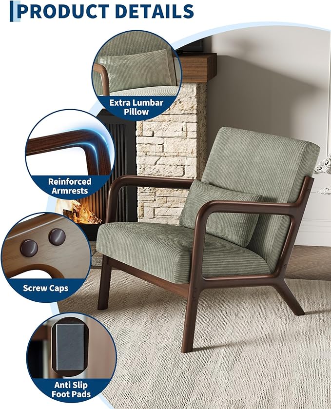 GarveeHome Mid-Century Accent Chair Cozy Wide-Wale Corduroy Reading and Lounge Armchair with Lumbar Pillow Modern Wood Frame for Living Room Bedroom Office Green
