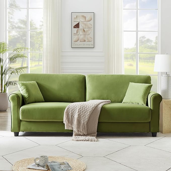 82.48 Velvet Upholstered Sofa Couch3 Seater Couch Loveseat Sofa Furniture Comfy Couches for Living Room Bedroom Small Space (Green)
