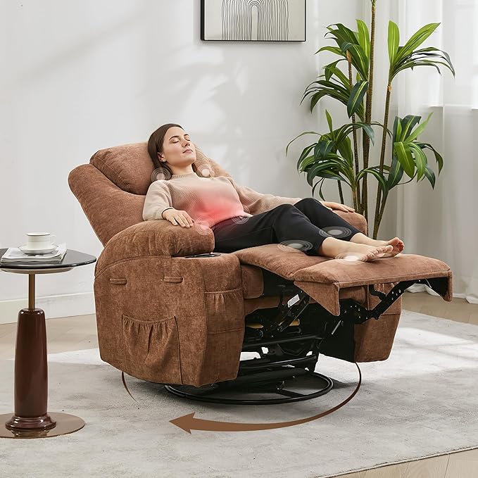 Electric 360° Swivel Rocker Recliner Chair with Massage and Heat Ergonomic Glider Recliner for Adults Ideal for Living Room &amp NurseryBrown