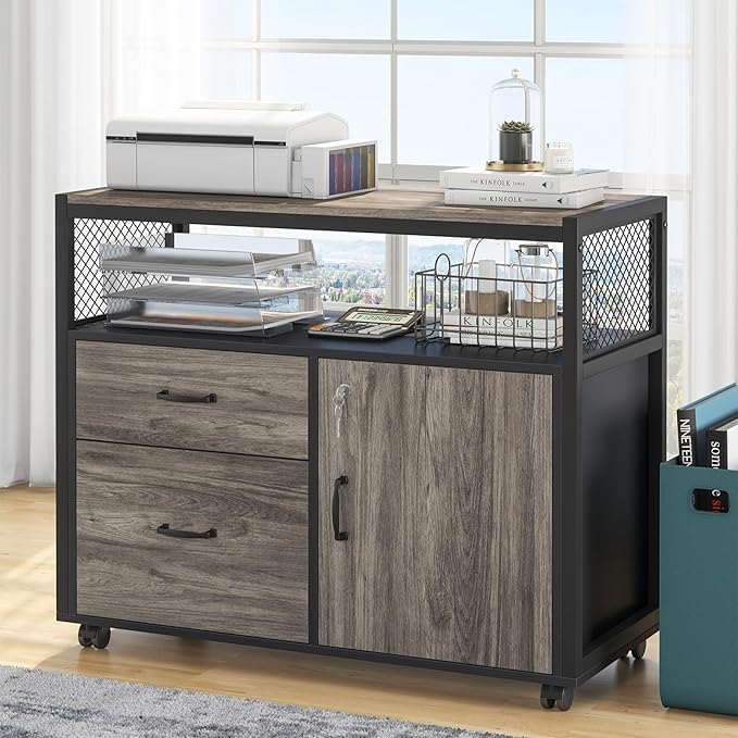 Tribesigns Modern File Cabinet with Drawers for Letter-Sized File and Door Lockable lateral Filing Cabinet Printer Stand with Storage Shelves and with Rolling Caster for Home Office (Gray)