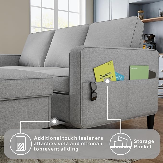 Sectional Sofa and Couches for Living Room 78'' Light Grey 3 Seat L-Shaped Couch with Movable Ottoman Comfy Linen Convertible Sectionals Sofas with Chaise for Apartment Dorm Small Space