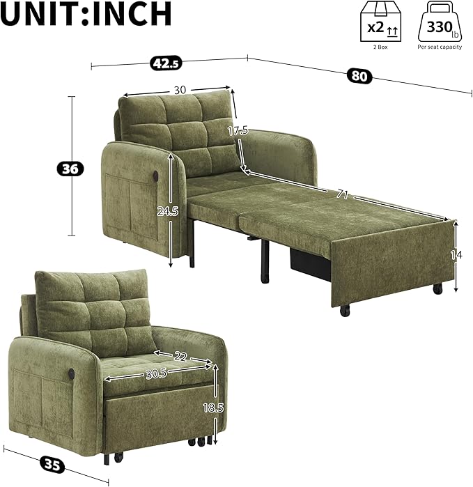 SLEERWAY 3-in-1 Convertible Sleeper Chair Bed Pull Out Sofa Bed with USB Charging Modern Single Lounge Chair with Side Storage Pocket &amp Pillow Multi-Functional Futon Couch for Living Room Gree