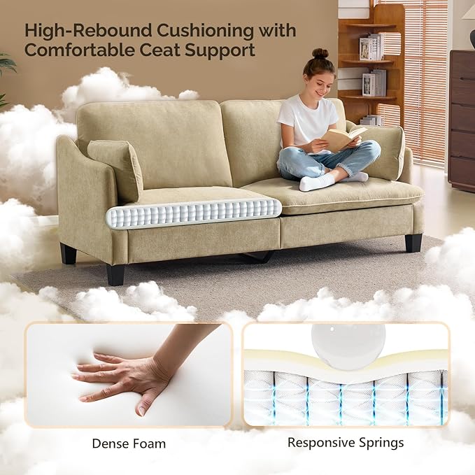 VINGLI 84 Extra Deep Seat Sofa Couch 3 Seater Upholstered Living Room Couches with 2 Piped Seater Cushions Throw Pillows Modern Linen Velvet Fabric Sofa for Apartment Bedroom Office | Piped Cushio