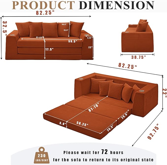 KEIKI 82 Corduroy Modular Sectional Sofa Bed with 5 Pillows &amp 2 Side Pocket &amp 2 Cup Holders Convertible 3-Seater Sleeper Couch with Memory Foam Cushion No Assembly Required for Living Room