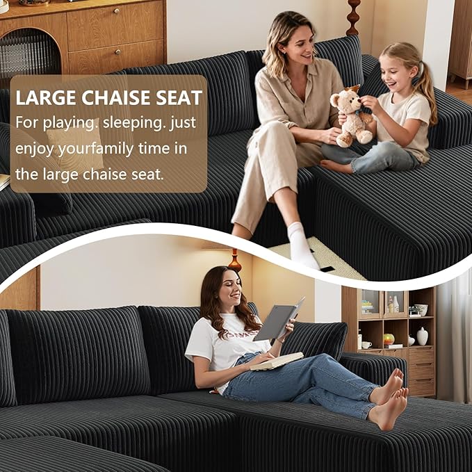 96 U-Shape Cloud Couch Modern Modular Sectional L-Shape Sofa with Ottoman Corduroy Upholstered Couches Deep Seat Sleeper Chaise Longue for Living Room No Assembly Required(Black Right Facing)