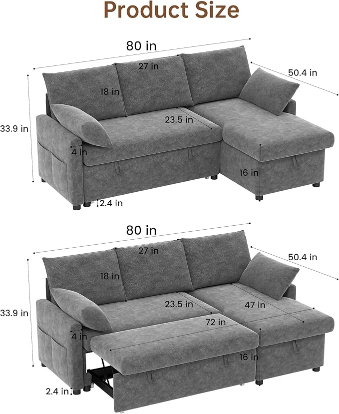 Sofa Bed 80'' L Shape Chenille Sleeper Sofa Couch with Pull Out Bed and Storage Chaise for Living Room Apartment and Hotel Dark Gray