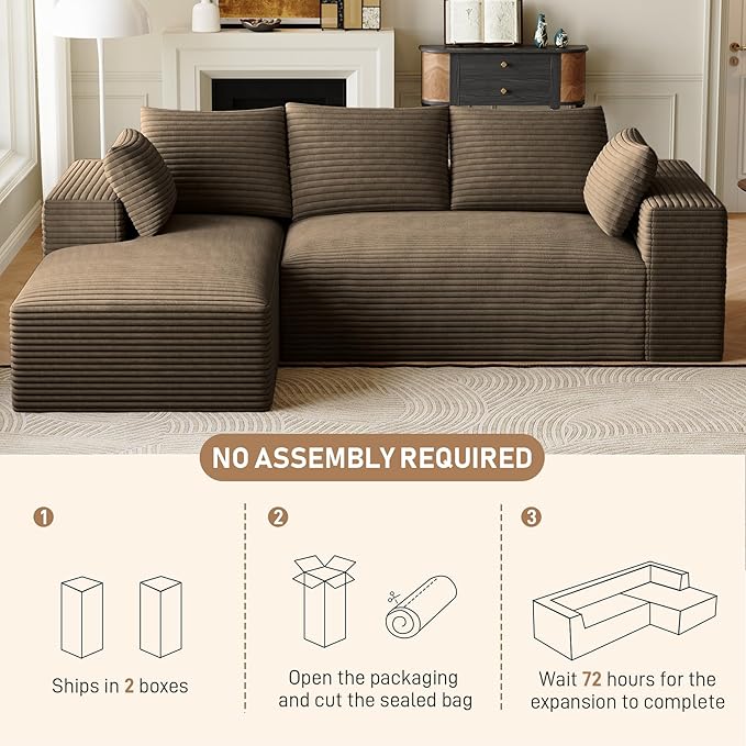 107 Boneless Couches for Living Room Comfy L Shaped Sectional Couches Modern Deep Seat Modular Sofa Cloud Fluffy Corduroy Couch with Left Facing Chaise No Assembly Needed Light Brown