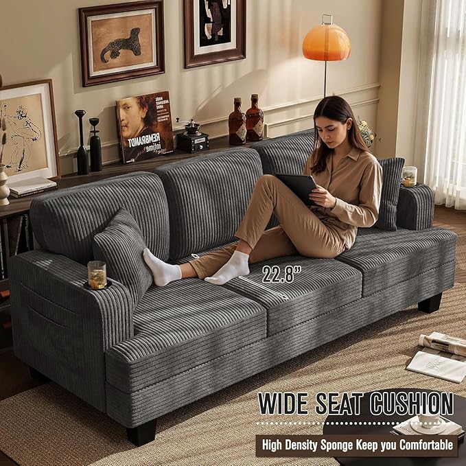 Homall Couches for Living Room 83 Couch with Soft Deep Seats Modern Sofa 3 Seater in Corduroy for Apartment Bedroom (Charcoal Gray)