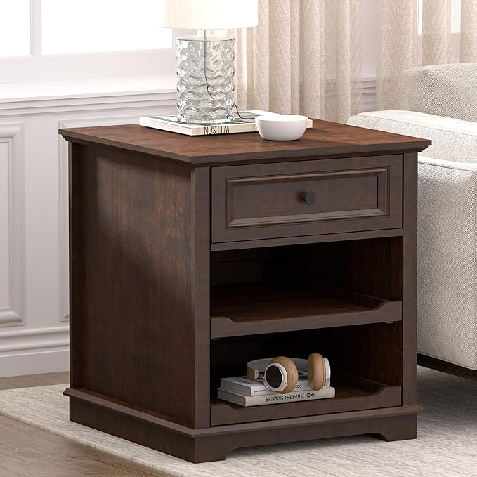 Lateral File Cabinet 3 Drawer File Cabinet with Charging Station Wood Lateral Filing Cabinet Printer Stand with Open Adjustable Storage Shelves for Home Office Cherry