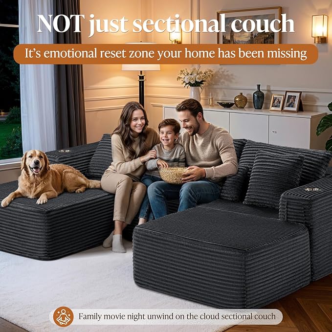 Cloud Modular Sectional Sofa Couch Boneless Couch Deep Seat for Living Room No Assembly Minimalist Modular Sofa Corduroy (Dark Grey 3 Seater+Right Facing Chaise+Ottoman)