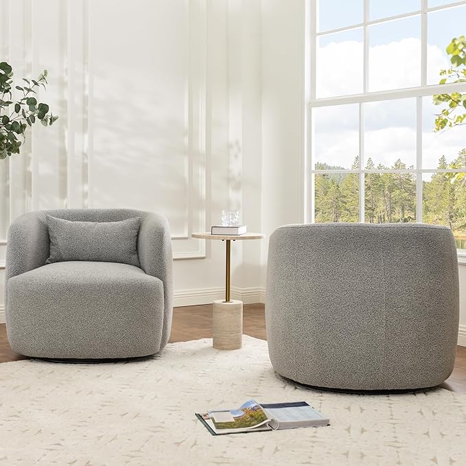 KINWELL 34 Wide Sherpa Swivel Barrel Chairs Set of 2 No Assembly Round Boucle Upholstered Accent Chairs Armchairs Single Sofa Chair with Toss Pillow for Living Room and Bedroom Gray
