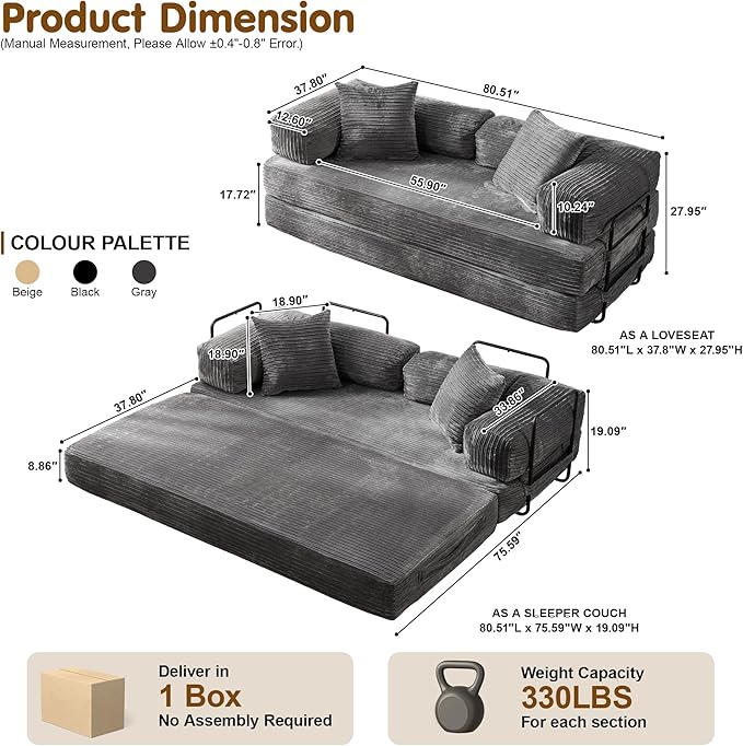 81″ Convertible Sleeper Sofa Bed with Pillows Corduroy Foldable Mattress Couch with Fixed-Shape Frame Futon Sofa Bed Boneless Couch for Living Room Bedroom Lounge Studio Gray