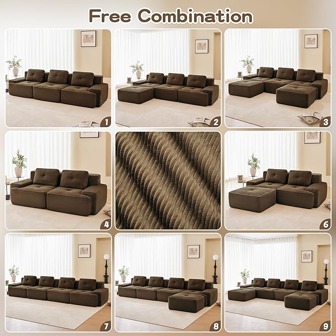 82'' Boneless Couch Modular Sectional Sofa Modern Sectional Couches for Living Room with Deep Seat Comfy Corduroy Cloud Couch Tufted Loveseat Small Sofa Couches Sleeper Sofas Brown