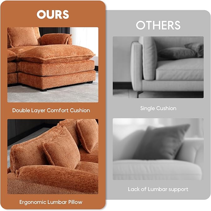 Modern 77 L Shaped Sectional Sofa Cloud Couch Chenille Comfy Boucle Modular loveseat Sofa Upholstery Sofa with Ottoman &amp Memory Foam for Living Room Orange
