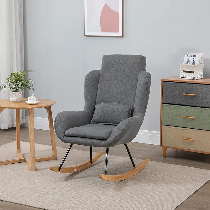 HOMCOM Modern Rocking Chair with Removable Lumbar Pillow Fabric Sofa Armchair with Thick Padding Metal Frame Wood Base for Living Room Light Grey