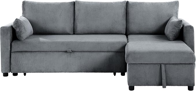 Queen Sleeper Sofa Convertible Sofa Bed with Storage 85 Inch Sectional Couch with Pull Out Bed L Shaped 3 Seat Sectional Sleeper Sofa for Living Room Apartment Grey