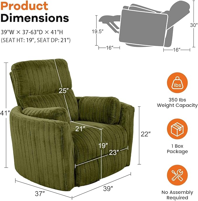 leovanni Power Swivel Rocker Recliner Chenille Upholstered Nursery Glider Rocking Chair with 2 Pillows USB Ports Electric Nursing Reclining Chairs Bedroom Living Room Olive Green
