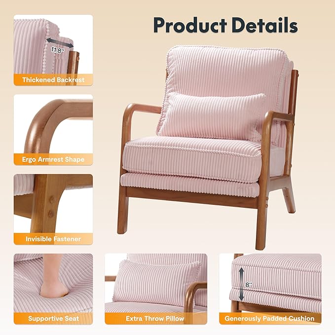 FLEXISPOT AC1 Accent Chair Mid-Century Modern Armchair with Wood Frame Comfy Corduroy Upholstered Reading Chair with Lumbar Pillow 8 Thick Cushion for Living Room Bedroom Sunroom(Pink)