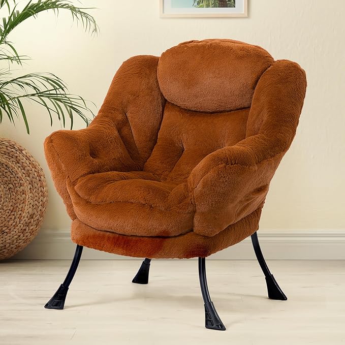 HollyHOME Lazy Chair with Foldable Ottoman Accent Comfy Lounge Armchair and Folding Footrest Stool Leisure Sofa Reading Chair and Footstool for Living Room BedroomFaux Fur Brown