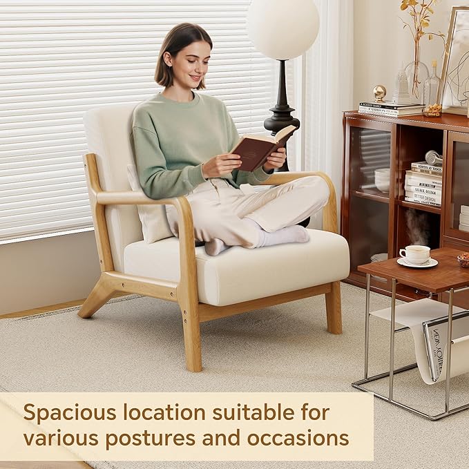 Solid Wood Accent Chair Mid-Century Modern Lounge Armchairs Fabric Upholstered Soft Comfy Living Room Chairs with Armrest Waist Cushion Pillow for Office Reading Waiting Room (Off-White)