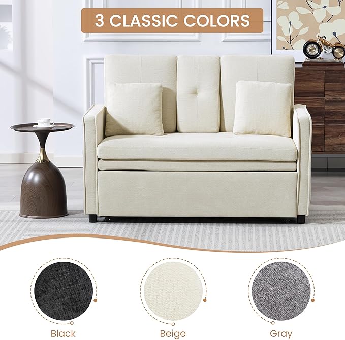 Convertible Sofa Bed 3-in-1 Sleeper Sofa with Pull-Out Bed Chenille Couch Folding Loveseat USB Ports &amp Adjustable Backrest Modern Loveseat for Living Room Apartment Beige