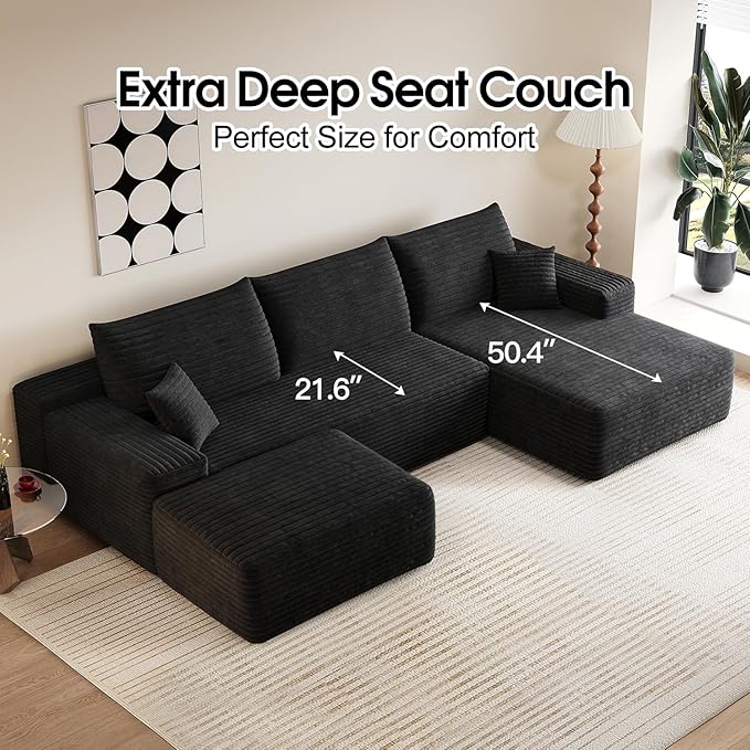 107.5 L-Shaped Sectional Modern Boneless Corduroy Couch with Chaise-No Assembly Required! Deep-Seat Upholstered Modular Cloud Sofa for Living Room Plush Corduroy Fabric (BlackRight Facing Chaise)