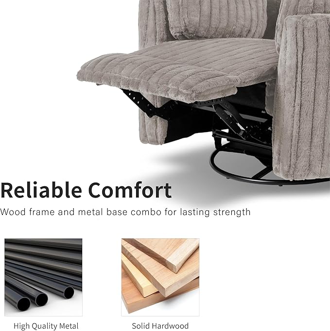 Furniture of America Vyrinor Modern Chenille Power 220° Swivel Recliner Chair with Pillows Reclining Glider Comfy Sofa Wooden Comfortable Couch for Living Room Nursery Home Theater White