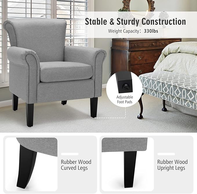 Giantex Modern Fabric Accent Chair Comfy Living Room Chair w/Adjustable Foot Pads Overstuffed Backrest Single Sofa Leisure Chair w/Soft Cushion Bedroom Chair for Reading Nursery Light Gray