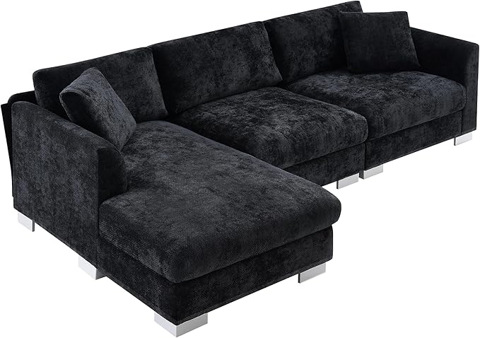 WILLIAMSPACE 96 Cloud Sectional Sofa Couch for Living Room Modern Upholstered L-Shape Sofa 3 Seater Couch with Oversized Chaise Contemporary Corner Sofa for Apartment Chenille (Left-FacingBlack)