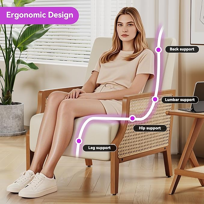 Aklaus Mid Century Accent Chair Set of 2 with Rattan Armrest Upholstered Living Room Chairs Lounge Fabric Reading Chairs Side Sitting Farmhouse Chair for Living Room Bedroom Balcony Beige