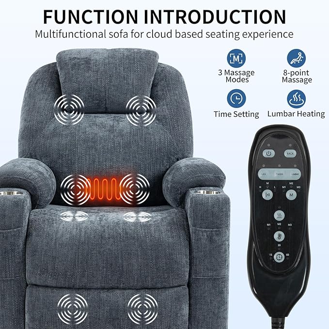 Chenille Electric Power Lift Recliner Chair Massage Single Sofa with Vibration Massage and Lumbar Heating Ergonomic Lounge Couch with Cup Holders and USB Charge Port for Living Room (Blue)