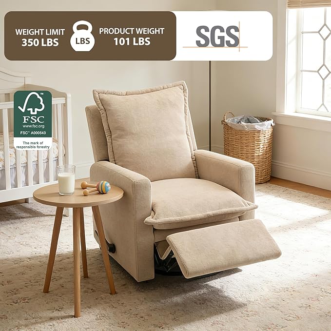 Euthymia Swivel Rocking Chair Nursery High Back Glider Rocker Recliner Chair for Small Spaces Manual Reclining Sofa for Living Room Bedroom Beige