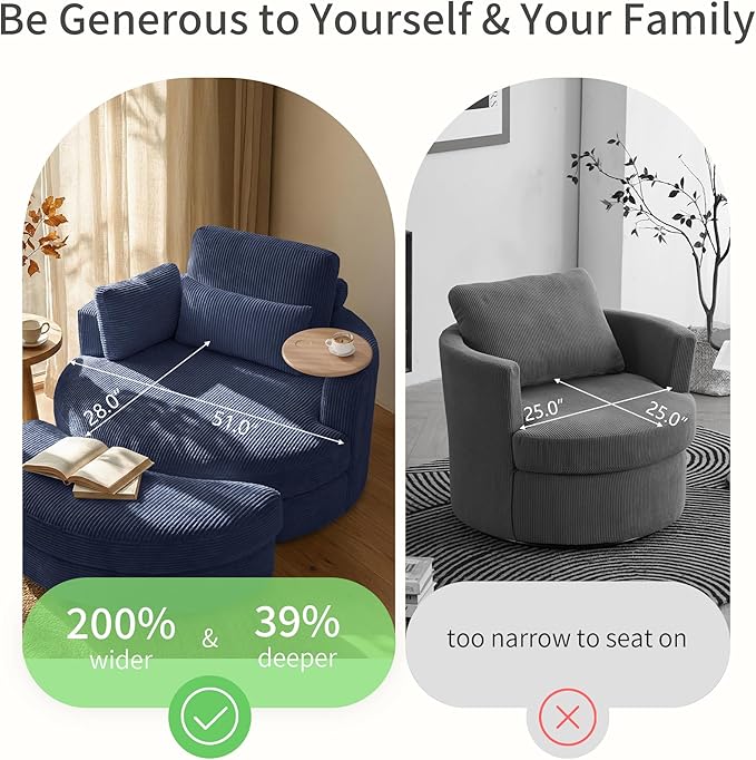 Yoglad 51” Swivel Barrel Chair with Storage Ottoman Corduroy Upholstered Accent Chair and A Half with Tray Table Oversized Chaise Lounge Round Sofa Chair for Living Room Bedroom(Blue)