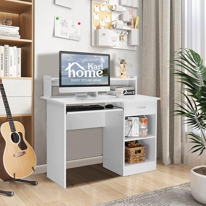 Karl home Computer Desk Study Writing Desk PC Laptop Table Wooden Home Office Workstation with Drawer Shelf Keyboard Tray White