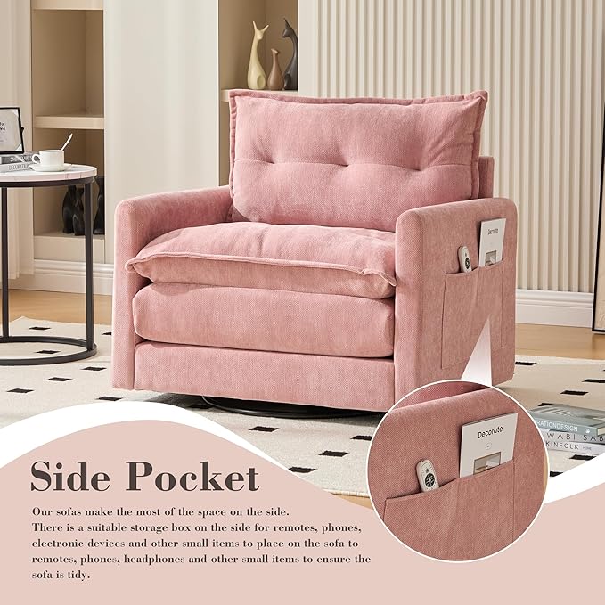KEIKI 360-Degree Chenille Accent Sofa Chair with Thick Padded Arm and Side Pockets Single Sofa Chair with Memory Foam Support and Solid Metal Base Easy Assembly for Living Room and Bedroom Pink
