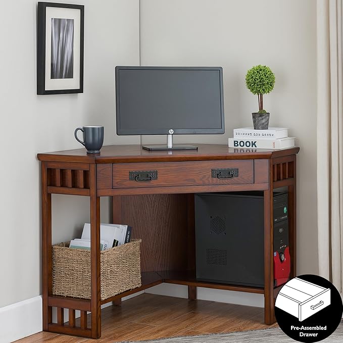 BOWERY HILL Home Office Corner Computer and Writing Desk in Mission Oak with Dropfront Drawer for Laptop and Keyboard