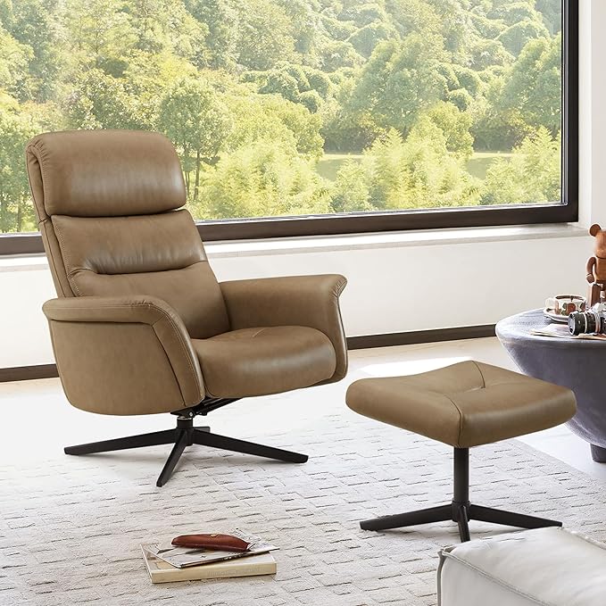 CHITA Genuine Leather Self-Weight Reclining Swivel Chair with Adjustable Headrest and Ottoman for Living Room Office Mocha