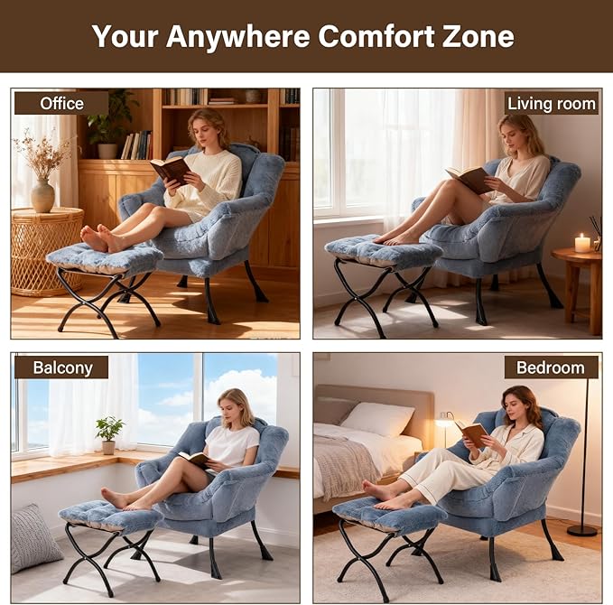 Welnow Lazy Chair with Ottoman Modern Accent Chair with Armrests and a Side Pocket Leisure Sofa Armchair Set Reading Armchair with Footrest for Small Space Plush Light Blue