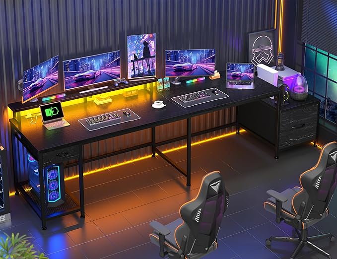 95.6'' Office Desk with LED Lights &amp Power Outlets L Shaped Gaming Desk with Drawers Two Person Computer Desks with Monitor Stand for Home Office Study Room and Bedroom Black