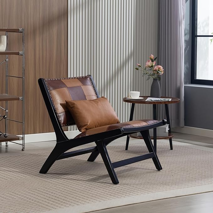 Modern Comfortable PU Leather Armless Mid-Century Style Lounge Armchair Brown Solid Wood Chair Floral Pattern Sofa Chair for Living Room/Office/Balcony/Bedroom (Brown Set of 1)