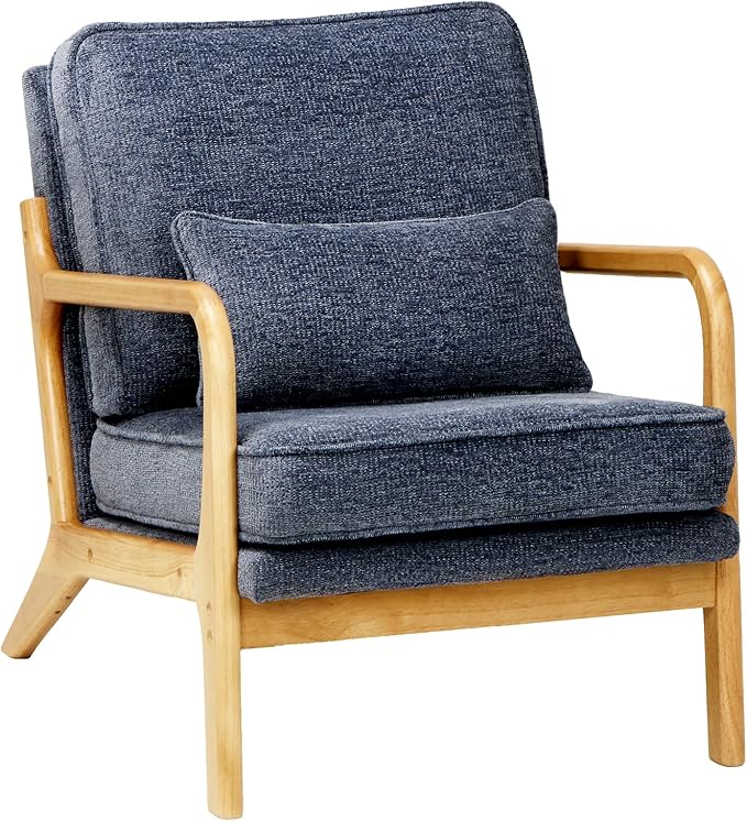 Mid-Century Accent Chair Set of 2 with Solid Wood Frame Reading Relaxing Armchair Lumbar Pillow&amp Soft Cushion Leisure Chair for Living Room Bedroom Waiting Room-Blue